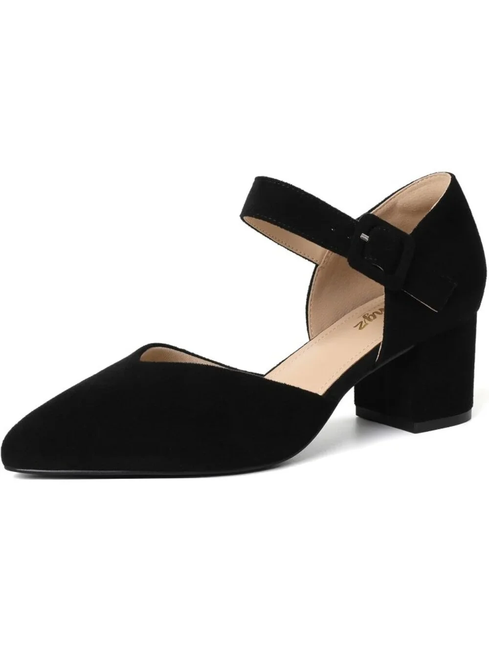 Women's Black Suede Kitten Heels Pointed Closed Ankle Strap Buckle Slip On Shoes